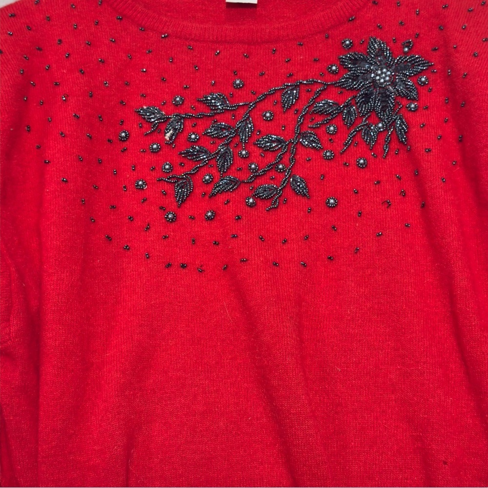 Vintage Red Lambswool Angora Beaded Sweater, S/M, Luxury Floral Embellished Knit - Picture 5 of 12